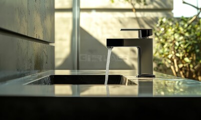 Chrome faucet pouring water into sink.