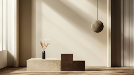 A simple, modern scene with a cube podium made of brown and beige. A sphere lamp hangs above it. This minimalist design is perfect for showcasing cosmetic products.