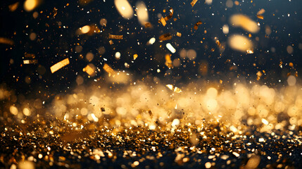 Naklejka premium Shiny Gold Confetti Raining Down Against a Black Background for Celebratory Events