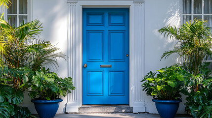 Fototapeta premium Bold Blue Front Door Framed by Lush Potted Plants in a Charming Outdoor Setting
