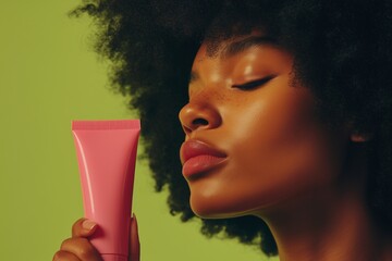 A Black woman with an afro holds a pink tube of skincare product in front of her eye.