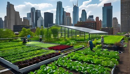 Fototapeta premium Urban agriculture transforming rooftops into sustainable green spaces amidst skyscrapers for a healthier future