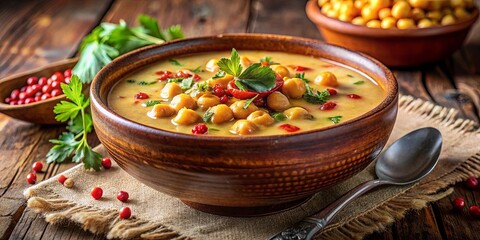 A rustic wooden table with a bowl of creamy soup garnished with parsley and red pepper flakes, alongside a spoon and a bowl of small yellow spheres, all sitting on a burlap napkin.