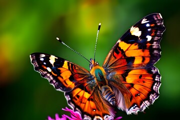 Naklejka premium macro of a small tortoiseshell butterfly (Aglais urticae), highlighting its colorful, textured wings