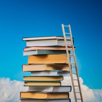 Uma pilha de livros coloridos formando degraus de uma escada que leva ao c&eacute;u azul com nuvens, simbolizando o crescimento atrav&eacute;s do conhecimento.