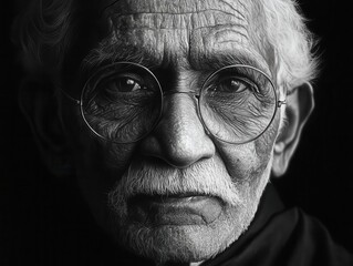 portrait of mahatma gandhi, capturing his wisdom and calm presence, soft monochrome tones enhancing the depth of his expression, symbolizing peace and non-violence