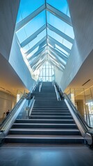 Obraz premium Modern staircase with escalator and skylight in building atrium