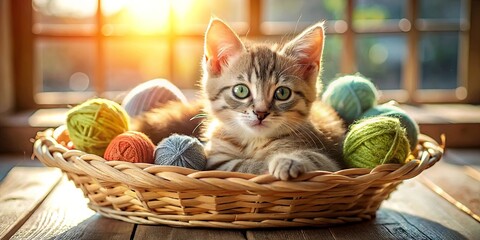 A Curious Kitten Nestled Among Colorful Yarn Balls in a Wicker Basket, Bathed in Warm Sunlight