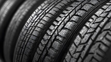 Multiple car tires side by side, detailed tread patterns and textures. Dark industrial aesthetic, varied designs visible, slight weathering on surfaces.
