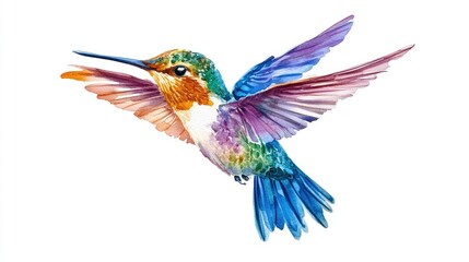A colorful watercolor illustration of a hummingbird in flight, its vibrant wings captured with soft, artistic brushstrokes.