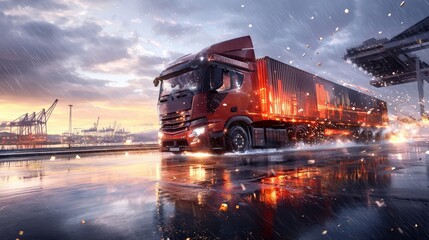 A red semi truck is driving down a wet road with a storm in the background