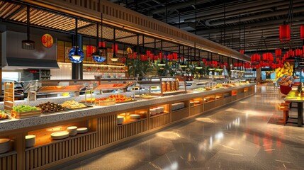 View of a terminalâ€™s food court with diverse culinary offerings, large communal tables, and vibrant decor, showcasing a cultural fusion of cuisines.