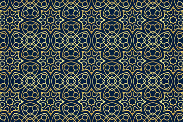 Embossed blue background, tribal cover design, banner. Vintage print, geometric luxury pattern in stained glass style. Golden ornaments, mandala, arabesques. Ethnic traditions of the East, Asia, India