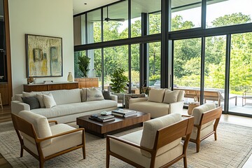 Obraz premium Modern bedroom of a designer farmhouse with a double bed with lots of pillows and large windows that let in lots of natural light