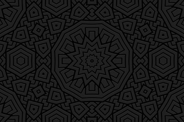 Black ethnic background, tribal cover design, banner. Geometric floral exotic 3D pattern, embossing. Textured ornaments, arabesques, mandala of the East, Asia, India, Mexico, Aztec, Peru. Vintage prin
