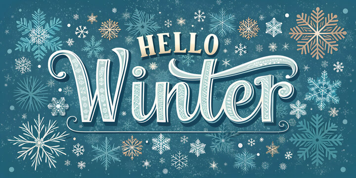 Hello Winter. Hand lettering with snowflakes. Vector illustration.