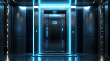 High-Tech Metallic Door Featuring LED Lighting and Biometric Access Control in a Modern Architectural Setting