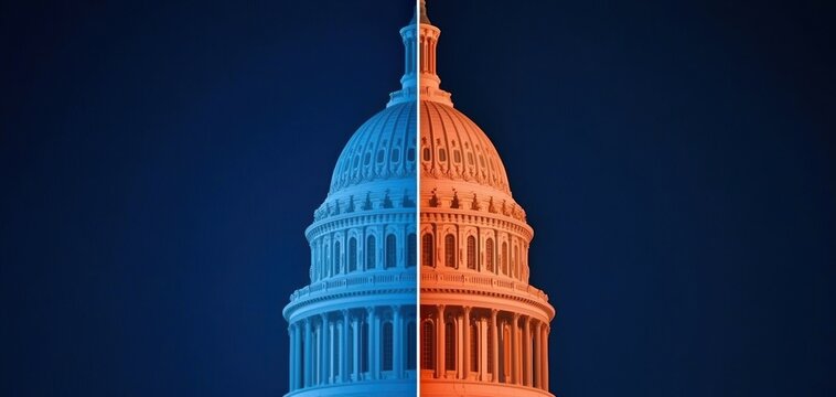 Capitol building under split lighting, half blue and half red, representing the duality of political ideologies and the nations partisan divide