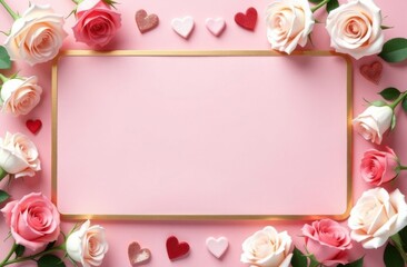 Frame with pink flowers and hearts on a pink background. Happy Valentine's Day.