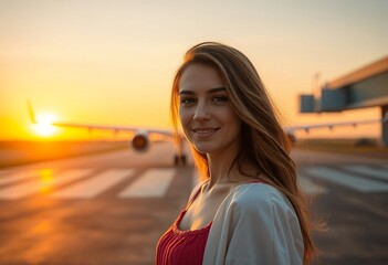 Obraz premium Happy Woman at Airport Runway with Airplane in Background at Sunset