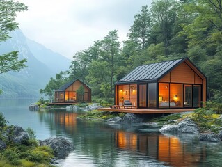 Obraz premium rustic tiny homes dot a sunlit landscape, each design unique yet harmoniously blending with nature, showcasing sustainable living ideals through imaginative and cozy architectural renderings