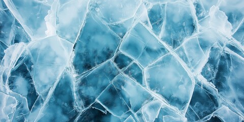 The image is of ice with a blue hue. The ice is broken into many pieces, creating a jagged and rough texture. Scene is cold and desolate, as the ice appears to be isolated and alone
