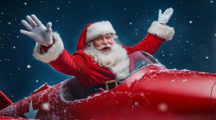 Cheerful Santa Claus in a traditional red suit waves joyfully from a festive red airplane, expressing surprise and excitement. The bright playful fun spirit of the holiday season. Merry Christmas