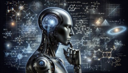 Futuristic AI Robot Analyzing Complex Mathematical Formulas: A Digital Scene Representing Machine Learning, Scientific Analysis, Advanced Data Processing, and Computational Intelligence