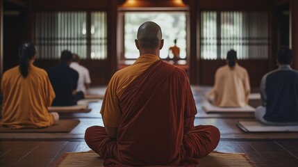 Obraz premium A serene meditation session led by a Buddhist monk, with participants in prayer at a peaceful temple. The calmness, focus, spirituality in a traditional setting, emphasizing mindfulness, inner peace