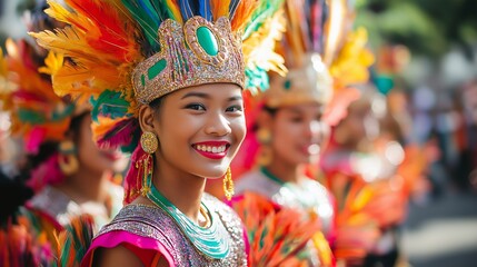 Fototapeta premium Parade participants dressed in traditional outfits celebrate cultural pride in a bright and lively scene. the joy, energy, and vibrant colors of a cultural festival, asian heritage and unity
