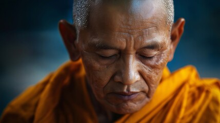 A portrait of a Buddhist monk dressed in ceremonial attire, detailed craftsmanship and a respectful demeanor. The soft background with copy space, the asian monk's spiritual presence the significance