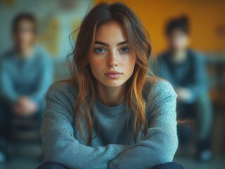 sad woman sitting in a support group meeting, surrounded by empathetic faces, reflecting the struggles of mental health and addiction in a community setting