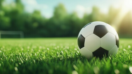 Fototapeta premium Close-up of a soccer ball on green grass field under bright sunlight.
