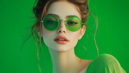 Fototapeta premium Trendy Young Woman in Stylish Green Sunglasses Posing against Green Background