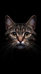 Obraz premium Close-up portrait of a curious domestic cat against a black background.