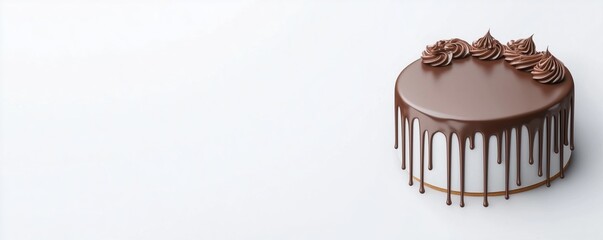 Delicious chocolate cake with dripping ganache and decorative frosting on a white isolate background.