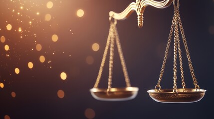 Golden scales of justice with blurred lights in the background, symbolizing balance and fairness.