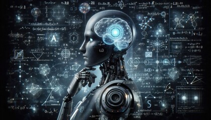 Futuristic AI Robot Analyzing Complex Mathematical Formulas: A Digital Scene Representing Machine Learning, Scientific Analysis, Advanced Data Processing, and Computational Intelligence