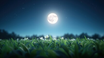 Fototapeta premium Moonlit night over a field of flowers, serene atmosphere and vibrant colors under the glowing moon.