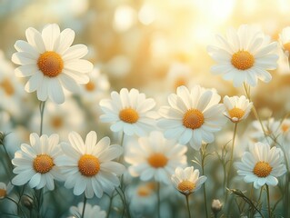 Fototapeta premium serene blurred background of a blooming chamomile glade, bathed in warm sunlight with a clear blue sky, capturing the essence of a joyful spring day in nature