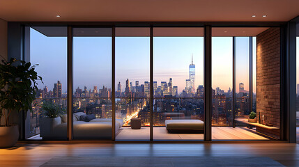 Fototapeta premium Modern Glass Door Opening to a Scenic Balcony with City View