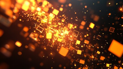 Glowing Square Particles in Motion Creating Futuristic Digital Effect with Orange and Black Colors