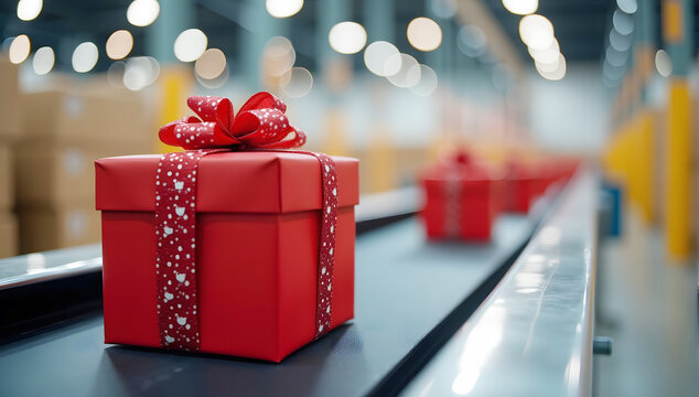 Automated logistics center conveyor belt with christmas packages and holiday season shipping