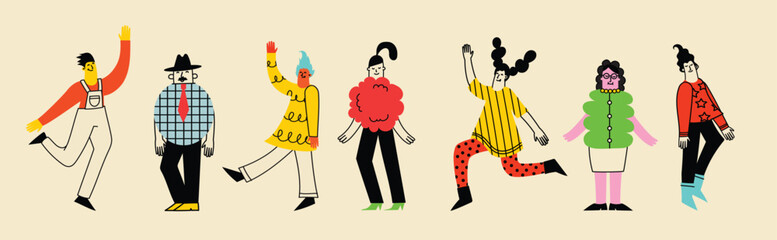 People in different poses and various geometric shapes. Outline characters, colorful abstract figures. Different mood, positions. Hand drawn Vector illustrations.
