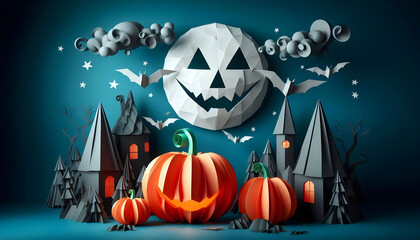 An origami Halloween background with pumpkins in a paper craft style