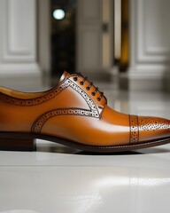 A polished brown dress shoe with intricate detailing, showcasing craftsmanship and style.