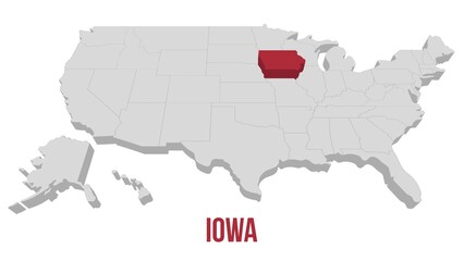 iowa State video animation. Animated USA map, gray map on a white background with red state in 3d style. Animation 4k motion video