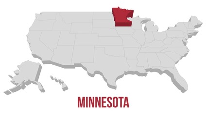 minnesota State video animation. Animated USA map, gray map on a white background with red state in 3d style. Animation 4k motion video