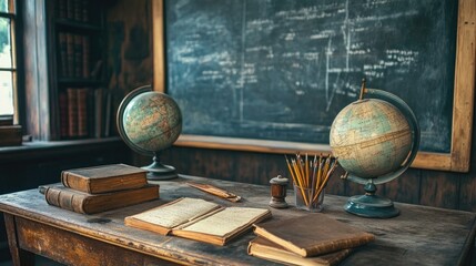 A nostalgic school scene with vintage globes, worn leather books, and old writing tools on a rustic desk, set before a chalkboard, evoking memories of schooldays past.