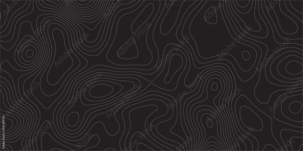 Poster Abstract white on black background Topographic line map pattern. Contour elevation topographic and textured Background Modern design with black background with topographic wavy patted.	